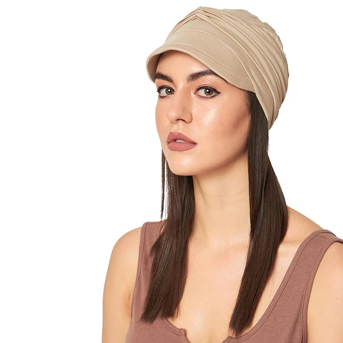Women's Bamboo Viscose Free Size New Boy Visor Cap with Gathered Band Chemo Hair Loss